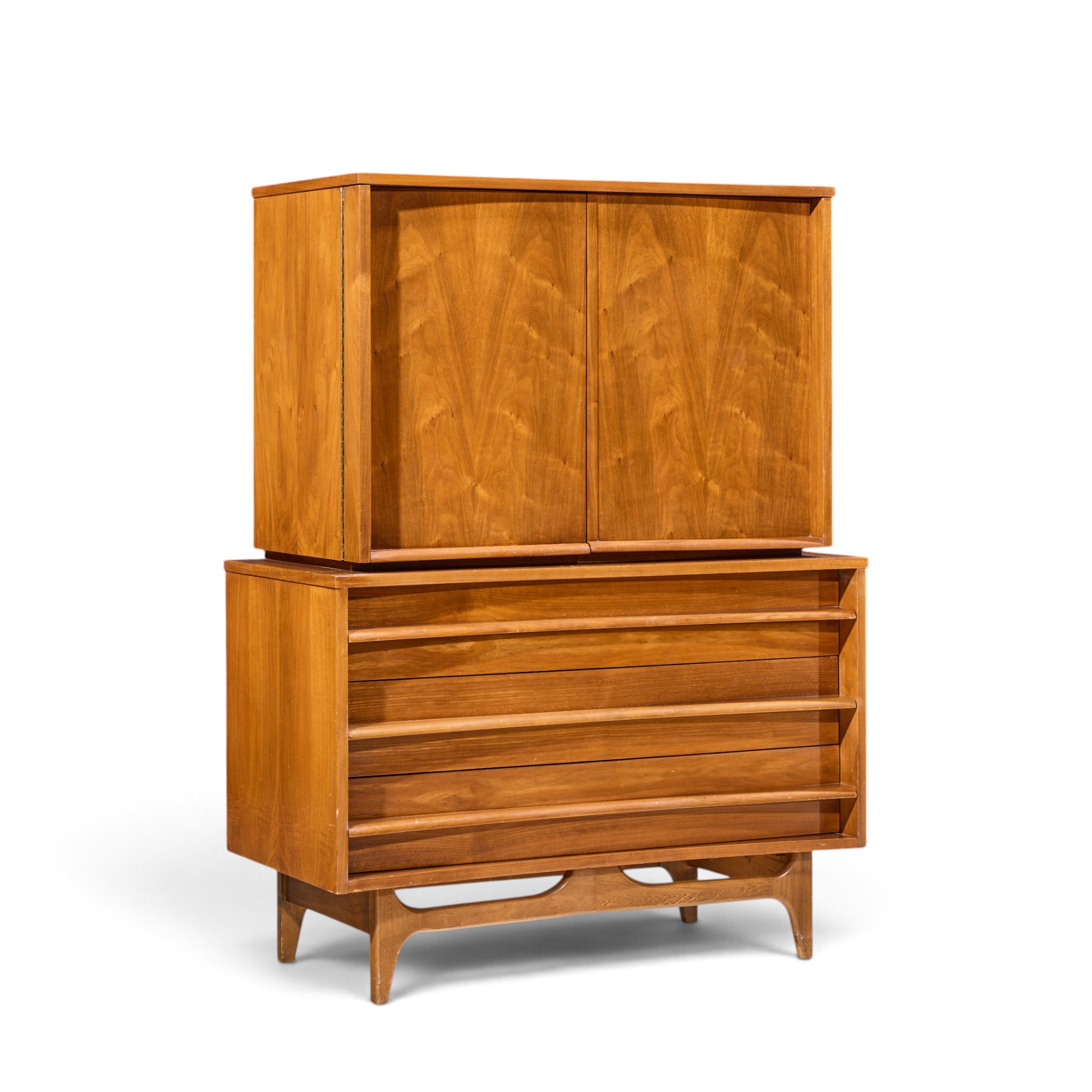 young manufacturing mid century walnut curved gentlemans chest highboy dresser