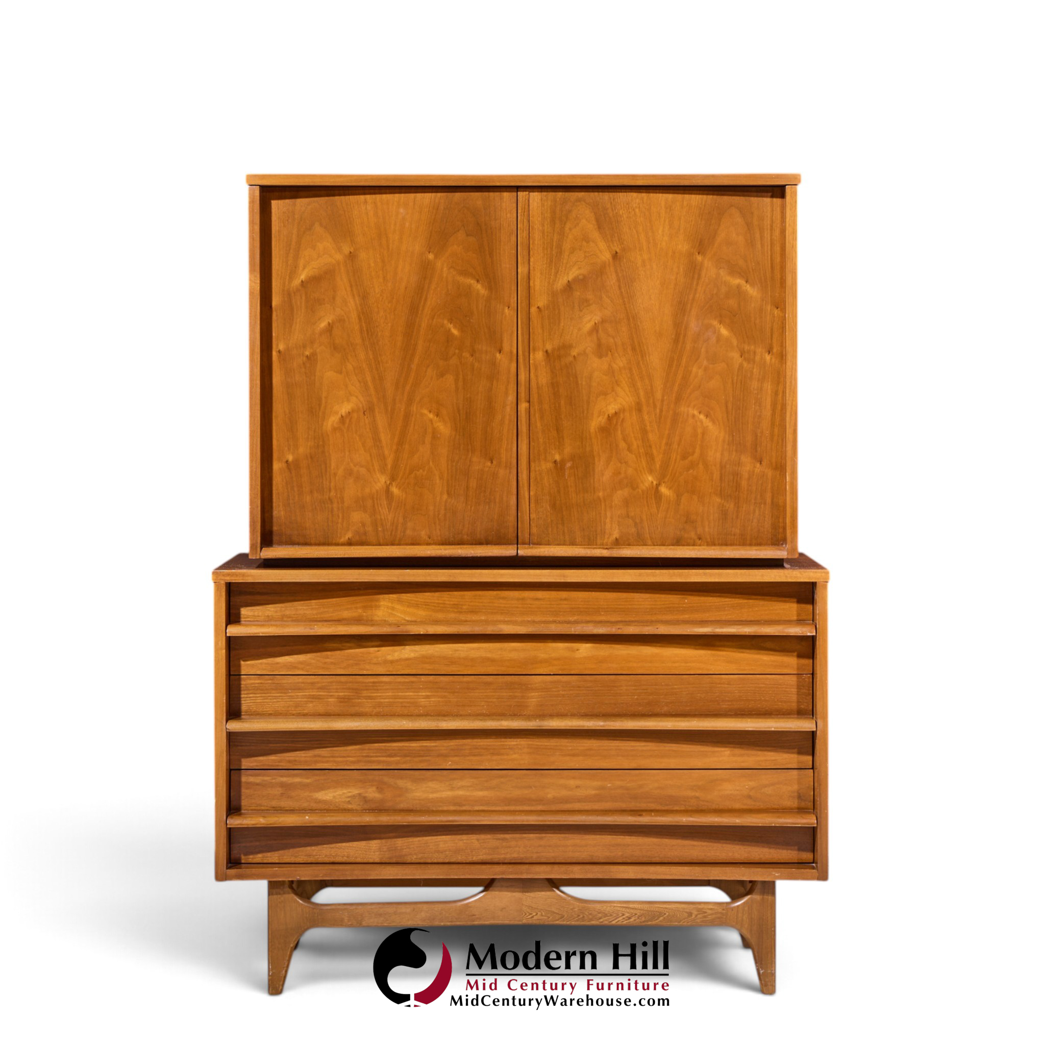 young manufacturing mid century walnut curved gentlemans chest highboy dresser