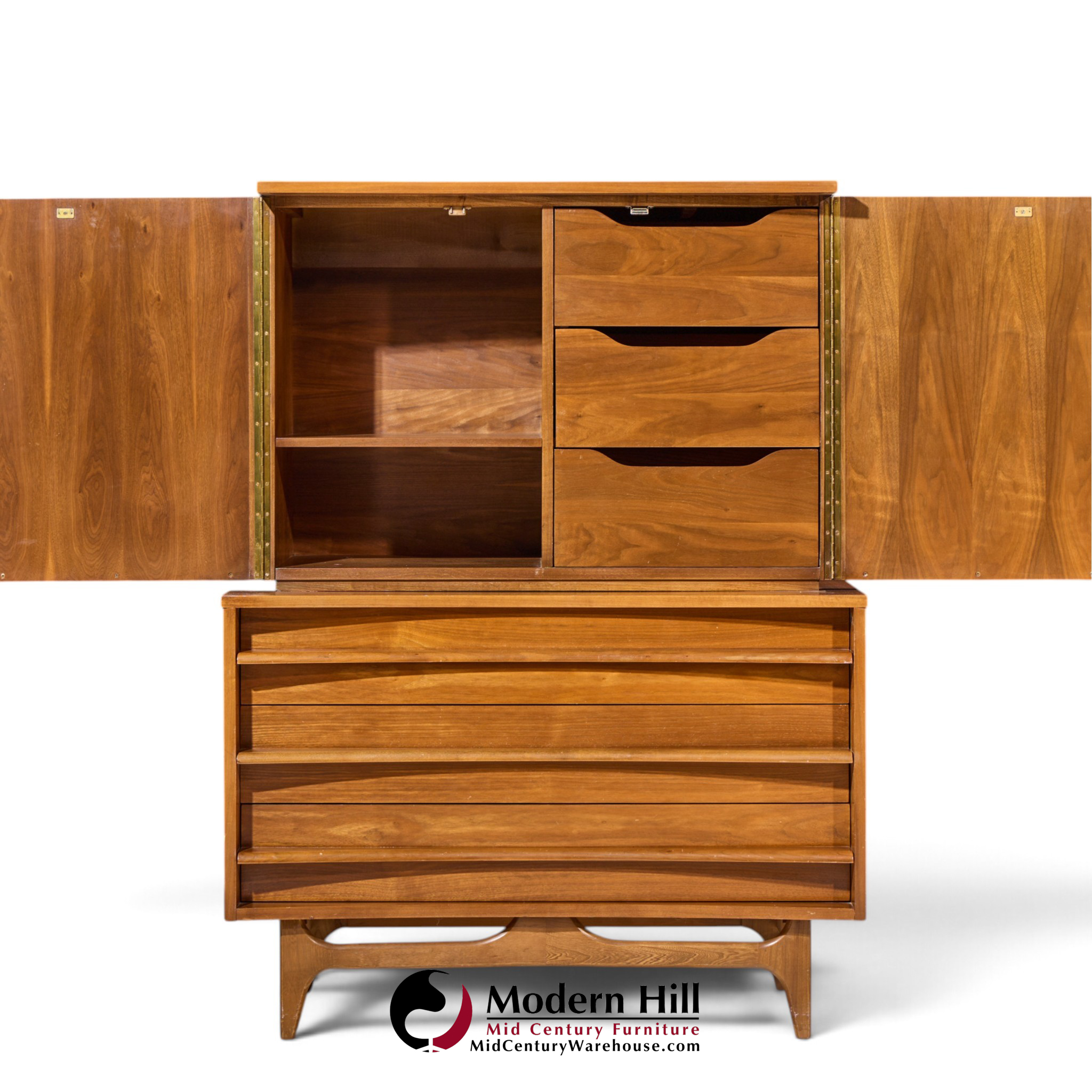 young manufacturing mid century walnut curved gentlemans chest highboy dresser