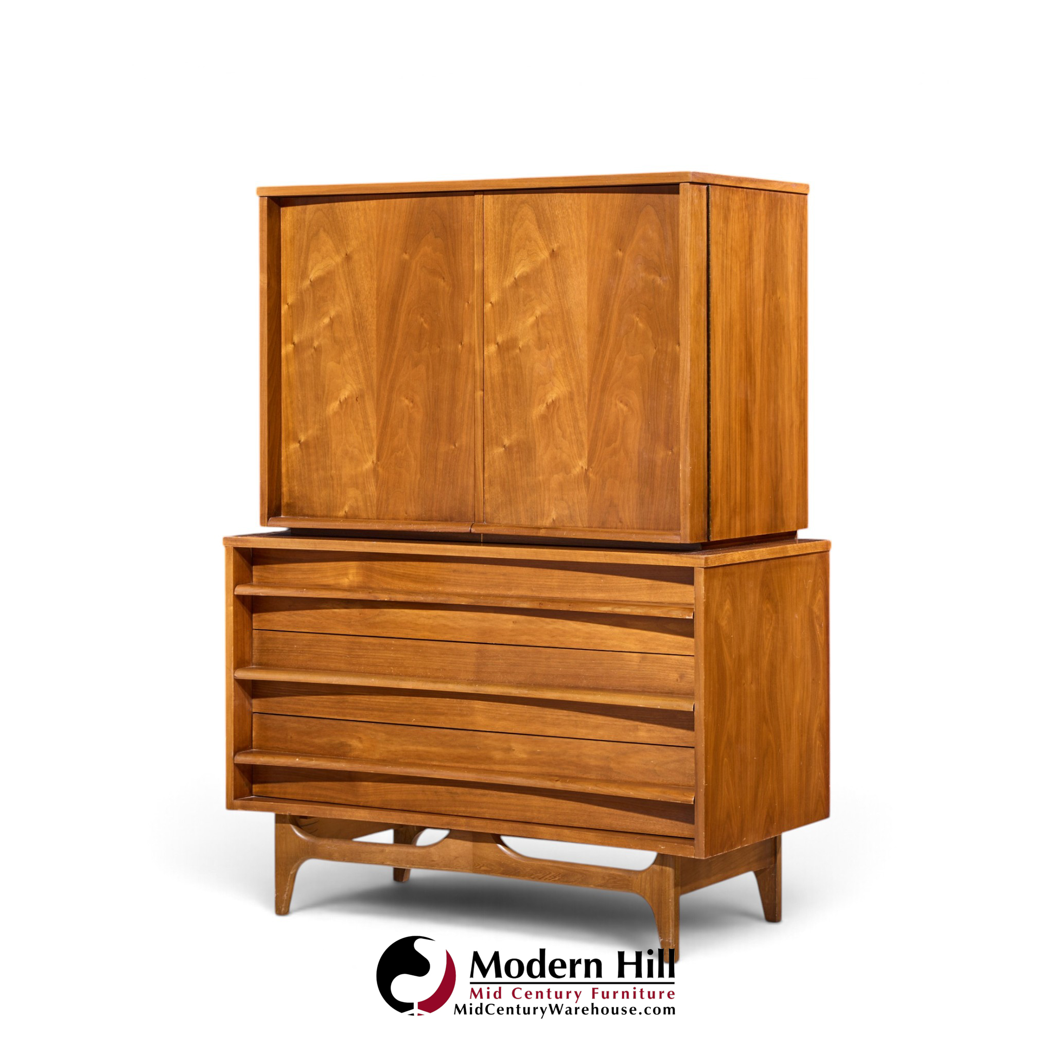 young manufacturing mid century walnut curved gentlemans chest highboy dresser