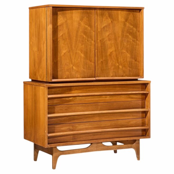 young manufacturing mid century walnut curved gentlemans chest highboy dresser